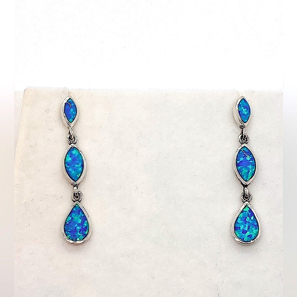 Vtg Sterling & Blue Opal Marquis & Teardrop Shaped Dangle Stud Earrings | 1.6” L
